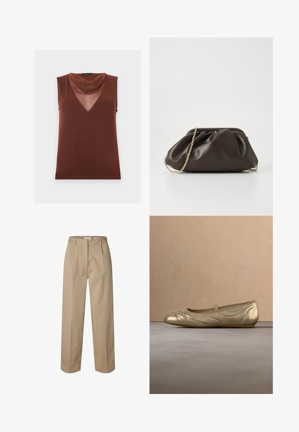 Haut marron sans manches avec un panneau en V transparent et un col drapé doux, étiqueté "Anna Field".; Pantalon beige à jambes droites avec passants pour ceinture, fermeture éclair et agrafe à l’avant, ainsi que plis subtils à l’avant pour un look ajusté.; Ballers dorées métalliques avec des coutures, une sangle élastique, un bout rond et une texture lisse, sur un fond gris texturé.; Sac à main en cuir marron avec un design froncé, une bandoulière en chaîne dorée et une finition douce et texturée. Sa forme compacte est idéale pour une utilisation en soirée.