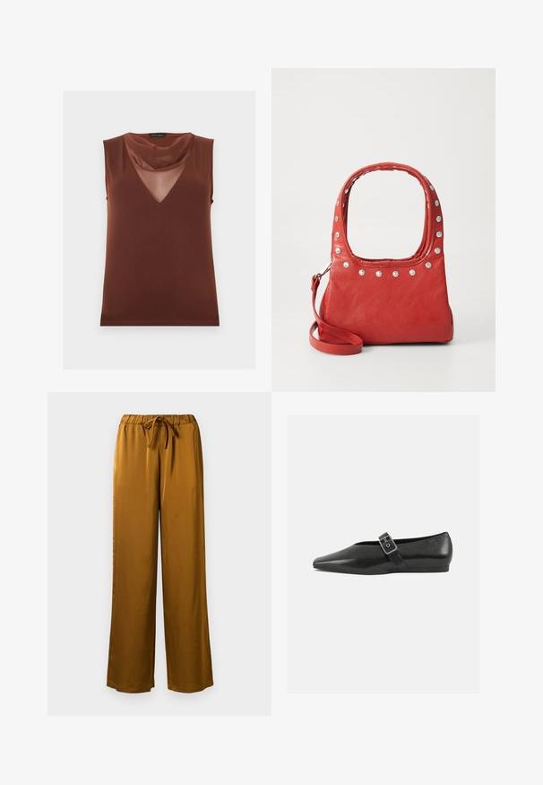 Ærmeløs brun top med et gennemsigtigt V-hals panel og en blød, draperet krave, mærket "Anna Field."; Brune satin brede bukser med elastisk talje og snoretræk. Glat tekstur og hel-længde design med en afslappet pasform.; Sorte læder flade sko med spidse tæer, prydet med en metallisk spænde over vristen og en lav, fleksibel sål.; Rød lædertaske med sølvnitter rundt om den øverste kant og håndtagene, der har en aftagelig skulderrem på en ensfarvet baggrund.