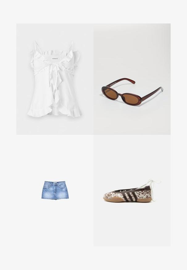 Blouse blanche sans manches avec fines bretelles, bordure à volants, nœud à nouer devant et détail d'ourlet évasé.; Jupe en denim bleu clair avec un ourlet effiloché, fermeture à boutons sur le devant et deux poches à l'avant. Les détails usés ajoutent de la texture.; Chaussure de ballet plate avec un motif tacheté marron et blanc, trois bandes foncées sur le côté, semelle marron clair et lacets blancs à nouer à la cheville.; Lunettes de soleil rondes teinte brun avec une monture bordeaux brillante. Branches fines avec un détail de marque subtil. Design de verres plats.