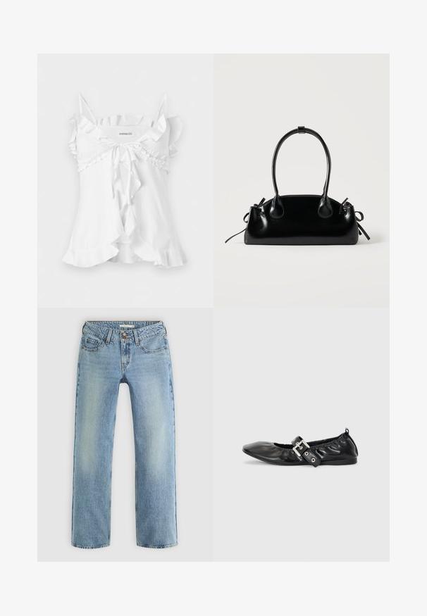 Hvid ærmeløs bluse med tynde stropper, flæsekant, bindebånd foran og udvidet kantdetalje.; Lyseblå lige ben jeans lavet af denim, med knaplukning, fem lommer og subtil falmning langs benene.; Sorte læder flade sko med spids tå, samling detaljer omkring åbningen, og en sølv spænde accent på den justerbare rem.; Lille sort blank håndtaske med to lange håndtag og snøre-detaljer i siden på en ensfarvet lys baggrund.