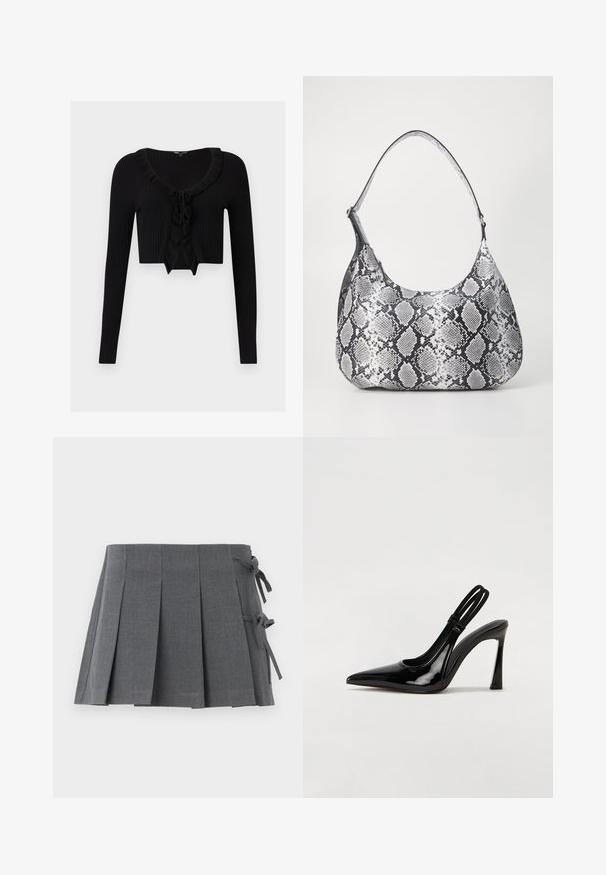 Sort cropped ribbet cardigan med lange ærmer, flæset halsudskæring og bindedetalje foran.; Grå plisseret mininederdel i et struktureret stof med bindelukning på den ene side og en glat linning for øget komfort.; Sorte patenterede lædersædler med spidse tæer, slank høj hæl og dobbelt elastisk rem for sikker pasform. Glat, skinnende overflade.; Sort-hvid slangemønster skuldertaske med en rund form, glat tekstur og en buet rem. Har et sølvfarvet hardware-accents.