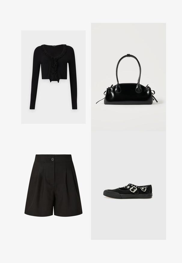 Sort cropped ribbet cardigan med lange ærmer, flæset halsudskæring og bindedetalje foran.; Sorte skræddersyede shorts med høj talje, forreste folder, knaplukning og en glat stoffinish.; Vans MARY JANE - Ballerinasko - black; Lille sort blank håndtaske med to lange håndtag og snøre-detaljer i siden på en ensfarvet lys baggrund.
