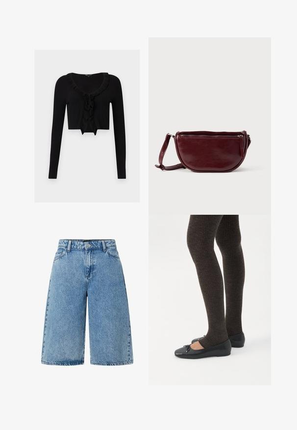 Sort cropped ribbet cardigan med lange ærmer, flæset halsudskæring og bindedetalje foran.; Lysblå denimshorts med en bred skæring, standard fem-lomme design og et struktureret stof med en falmet finish.; Ben iført mørke ribbede leggings kombineret med sorte balletsko med små sløjfedetaljer på hvid baggrund.; Vinrød læderhåndtaske med halvmåneform, lynlås og aftagelig rem. Glat tekstur med en subtil glans.