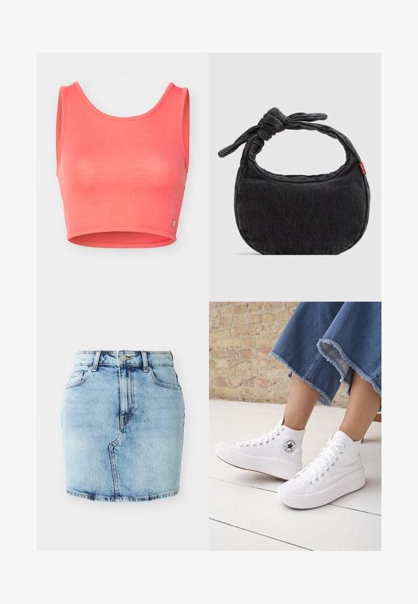 Lyserød, kort tanktop lavet af tekstureret stof. Har en scoop-udskæring og brede armhuller, med et lille logo akcent ved sømmen.; Lys blå denimnederdel med en tætsiddende facon, fem lommer, knap- og lynlås lukning samt stikninger langs kanten.; Person iført hvide høje Converse-sneakers med tykke såler og beskårne blå jeans med flossede kanter mod en murstensvæg og hvidt gulv.; Lille sort denim skuldertaske med knyttet rem og lynlåslukning, med en rød Levi's stofetiket på siden.