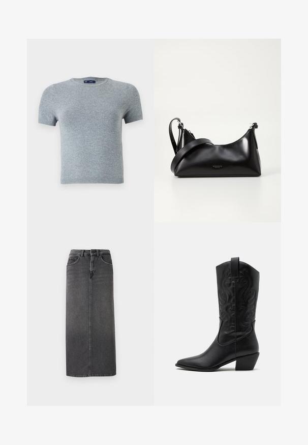 Graues Kurzarm-T-Shirt aus weichem Strickstoff, mit rundem Halsausschnitt und tailliertem Schnitt, minimaler Naht und ohne Muster.; Grauer Denim-Midirock mit geradem Schnitt, Fünf-Taschen-Design und Gürtelschlaufen. Mit einer vorderen Knopfleiste und minimalistischem Stich.; Schwarze Leder-Cowboy-Stiefel mit spitzem Zeh, geprägten, wirbelnden Mustern und einem mittelhohen Absatz. Mit einem Zuglasche für einfaches An- und Ausziehen.; Schwarze lederne Handtasche mit glatter Textur. Verfügt über einen verstellbaren Riemen und ein elegantes, minimalistisches Design mit einem Reißverschluss.