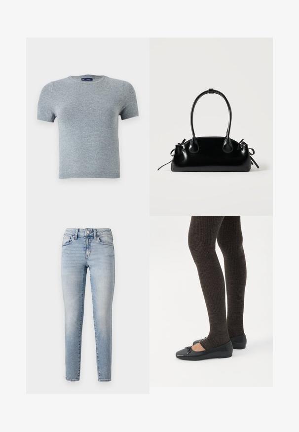 T-shirt gris à manches courtes en tissu tricoté doux, avec un col rond et une coupe ajustée, comportant des coutures minimales et sans motifs.; Jean en denim bleu clair à coupe slim, avec un design à cinq poches, fermeture à bouton sur le devant et des décolorations subtiles le long des jambes.; Jambes portant des leggings côtelés foncés associés à des ballerines noires avec de petits détails en nœud sur fond blanc.; Petit sac à main noir brillant avec deux longues anses et des détails à cordon sur les côtés sur un fond clair uni.