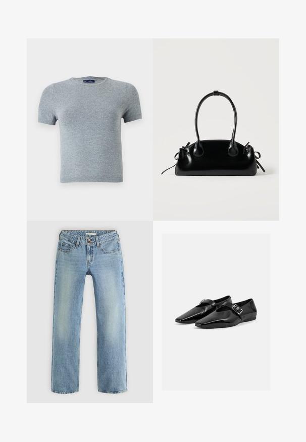 T-shirt gris à manches courtes en tissu tricoté doux, avec un col rond et une coupe ajustée, comportant des coutures minimales et sans motifs.; Jeans droits bleu clair en denim, dotés d'une fermeture à bouton, de cinq poches et d'un léger dégradé le long des jambes.; Paire de chaussures plates en cuir verni noir à bouts pointus avec une bride à boucle sur le dessus, montrée sur un fond clair uni.; Petit sac à main noir brillant avec deux longues anses et des détails à cordon sur les côtés sur un fond clair uni.