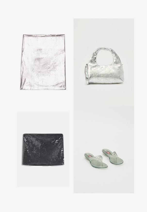 Metallisch silberner Stoff mit glatter Textur und leichtem Schimmer. Rechteckige Form, Kanten ordentlich genäht, keine auffälligen Muster oder Akzente.; Schwarze Clutch-Tasche mit rechteckiger Form, ausgestattet mit einer glatten Textur und reflektierenden Pailletten, die die Oberfläche für zusätzlichen Glanz bedecken.; Transparente Jelly-Sandalen mit gewelltem Design, ausgestattet mit einem Zehensteg und einem geriffelten Sohlenmuster. Die Farben umfassen hellgrün und klare Töne.; Silberne Handtasche mit einem strukturierten Muster aus geometrischen Formen und Kreisen, ausgestattet mit einem abgerundeten Griff und einem abnehmbaren Schulterriemen.