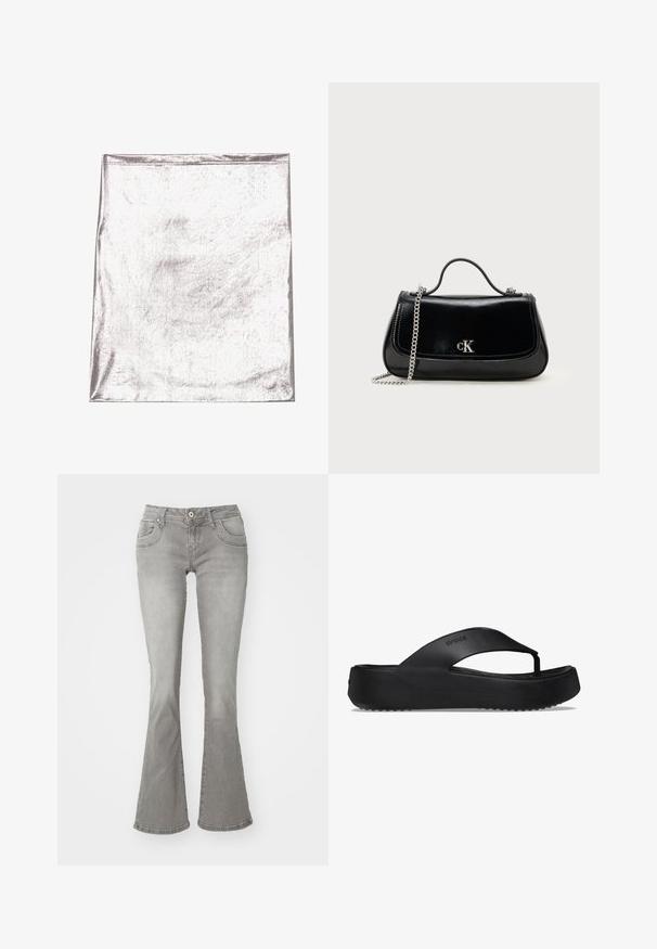 Metaalachtig zilverkleurig stof met een gladde textuur en een lichte glans. Rechthoekige vorm, randen netjes gestikt, geen opvallende patronen of accenten.; Grijze flared jeans met een middelhoge taille, voorkzakken en een knoopsluiting, gemaakt van denim stof met een gladde structuur.; Zwarte flip-flop sandaal met een verhoogde zool, gemaakt van rubbermateriaal. Kenmerkt zich door een teenband en een gestructureerde voetbed voor grip.; Zwarte leren handtas met een ketting schouderband, gestructureerde vorm en een zilveren logo-accent. Gladde textuur met een flapsluiting.