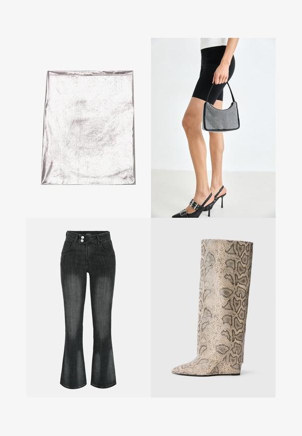 Metallic sølv stof med en glat tekstur og let glans. Rektangulær form, kanter pænt syet, ingen fremtrædende mønstre eller detaljer.; Sort vasket denim jeans med høj talje, dobbelt knaplukning, forlommer og let udvidede ben.; Høje støvler med spids tå i et beige og sort slangeprint mønster. Lavet af tekstureret syntetisk materiale med en slank, glat finish.; Sort perlehandtaske med en buet silhuet, bærehåndtag og blank overflade. Båret med højhælede sorte sko og tætsiddende sorte shorts.