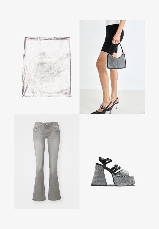 Metallisch silberner Stoff mit glatter Textur und leichtem Schimmer. Rechteckige Form, Kanten ordentlich genäht, keine auffälligen Muster oder Akzente.; Graue Schlagjeans mit mittelhoher Taille, Fronttaschen und Knopfverschluss, aus Denimstoff mit glatter Textur.; Schwarz-silberne Plateausandale mit drei Riemen, die mit Strass-Schnallen verziert sind, und einem breiten, strukturierten Blockabsatz.; Schwarze Perlen-Handtasche mit geschwungener Silhouette, Tragegriff und glänzender Textur. Kombiniert mit schwarzen High Heels und enganliegenden schwarzen Shorts.