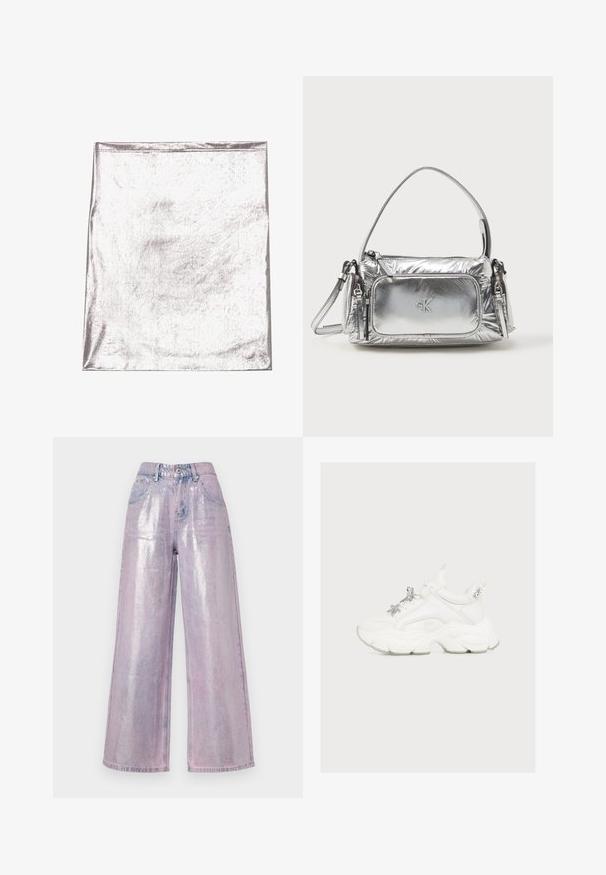 Metallic sølv stof med en glat tekstur og let glans. Rektangulær form, kanter pænt syet, ingen fremtrædende mønstre eller detaljer.; The Ragged Priest AMETHYST - Wide leg - metallic lilac; Hvide kraftige sneakers med dekorativt sølvstjerne- og ædelstensvedhæng på snørebånd og hælkappe mod en ensfarvet lys baggrund.; Metallic sølv håndtaske med rektangulær form, toplynlås og frontlomme. Har en kort håndtag og justerbar rem. Struktureret overflade.