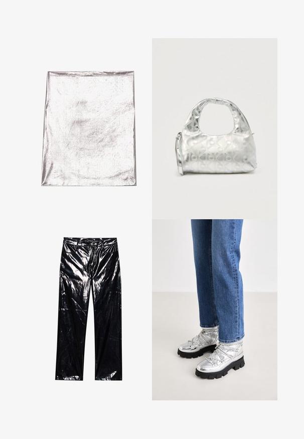 Metallic sølv stof med en glat tekstur og let glans. Rektangulær form, kanter pænt syet, ingen fremtrædende mønstre eller detaljer.; Sorte, højglans, faux læderbukser med brede ben, klassisk fem-lomme design, knap- og lynlåslukning samt blank overflade.; Metallic sølv ankelstøvler med en robust sort sål, der har en polstret overdel og snørebånd, kombineret med blå lige ben jeans.; Sølvhåndtaske med et struktureret mønster af geometriske former og cirkler, der har et afrundet håndtag og en aftagelig rem.