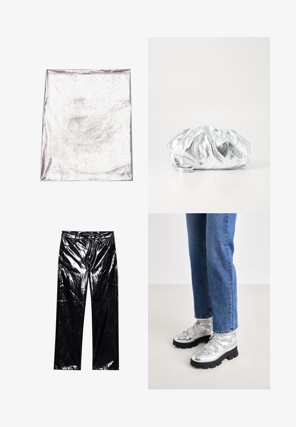 Metallisch silberner Stoff mit glatter Textur und leichtem Schimmer. Rechteckige Form, Kanten ordentlich genäht, keine auffälligen Muster oder Akzente.; Schwarze, hochglänzende, Kunstlederhosen mit weitem Bein, klassischem Fünf-Taschen-Design, Knopf- und Reißverschluss sowie glänzender Textur.; Metallicsilberne Knöchelstiefel mit einer robusten schwarzen Sohle, ausgestattet mit einem gepolsterten Oberteil und Schnürsenkeln, kombiniert mit blauen geraden Jeans.; Metallisch silberne Clutch-Tasche mit einem weichen, gerafften Körper und einem dünnen Schultergurt. Sie verfügt über eine glatte, glänzende Textur und eine abgerundete Form.