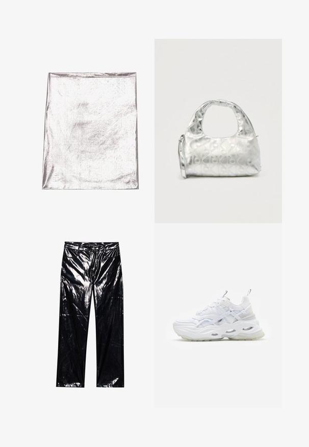 Metallisch silberner Stoff mit glatter Textur und leichtem Schimmer. Rechteckige Form, Kanten ordentlich genäht, keine auffälligen Muster oder Akzente.; Schwarze, hochglänzende, Kunstlederhosen mit weitem Bein, klassischem Fünf-Taschen-Design, Knopf- und Reißverschluss sowie glänzender Textur.; Weißer Sneaker mit dickem Profil, geschichtetem Mesh- und Synthetik-Obermaterial, mit gemusterten Akzenten, Schnürsystem und Zuglasche.; Silberne Handtasche mit einem strukturierten Muster aus geometrischen Formen und Kreisen, ausgestattet mit einem abgerundeten Griff und einem abnehmbaren Schulterriemen.