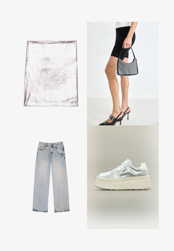 Metallic sølv stof med en glat tekstur og let glans. Rektangulær form, kanter pænt syet, ingen fremtrædende mønstre eller detaljer.; Lysblå denimjeans med lige ben-design, der har slidte detaljer, fem lommer og synlige sømdetaljer.; Kraftig platform-sneaker med metallic sølv overdel, hvide snørebånd og tyk cremefarvet tekstureret sål, vist i sideprofil på neutral baggrund.; Sort perlehandtaske med en buet silhuet, bærehåndtag og blank overflade. Båret med højhælede sorte sko og tætsiddende sorte shorts.
