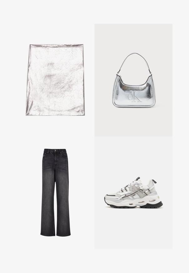 Metallisch silberner Stoff mit glatter Textur und leichtem Schimmer. Rechteckige Form, Kanten ordentlich genäht, keine auffälligen Muster oder Akzente.; Schwarze Denim-Jeans mit weitem Bein und glatter Textur, mit hoher Taille, seitlichen Taschen und einer Knopfverschluss.; Weißer und grauer Sportschuh aus Mesh und synthetischen Materialien, dicke Sohle, auffälliges schwarzes Profil und Schnürdesign mit Akzenten.; Silberne metallische Handtasche mit gebogener Form, Reißverschluss und Schultergurt. Mit eingeprägtem "CK"-Logo auf der Vorderseite.
