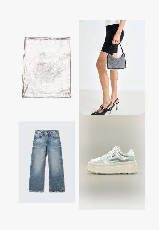 Metallic sølv stof med en glat tekstur og let glans. Rektangulær form, kanter pænt syet, ingen fremtrædende mønstre eller detaljer.; Lyseblå jeans med vide ben lavet af denim, med forlommer, lynlås foran og en falmet tekstur med diskrete whiskering-detaljer.; Kraftig platform-sneaker med metallic sølv overdel, hvide snørebånd og tyk cremefarvet tekstureret sål, vist i sideprofil på neutral baggrund.; Sort perlehandtaske med en buet silhuet, bærehåndtag og blank overflade. Båret med højhælede sorte sko og tætsiddende sorte shorts.