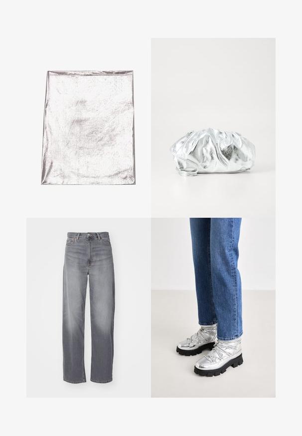 Metallic sølv stof med en glat tekstur og let glans. Rektangulær form, kanter pænt syet, ingen fremtrædende mønstre eller detaljer.; Weekday RAIL MID LOOSE STRAIGHT - Jeans Straight Leg - misty grey; Metallic sølv ankelstøvler med en robust sort sål, der har en polstret overdel og snørebånd, kombineret med blå lige ben jeans.; Metallisk sølv clutch taske med en blød, samlet krop og en tynd skulderrem. Har en glat, skinnende overflade og rund form.