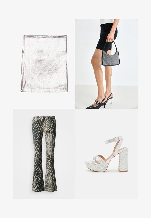 Metallic sølv stof med en glat tekstur og let glans. Rektangulær form, kanter pænt syet, ingen fremtrædende mønstre eller detaljer.; Bredde jeans i et sort og beige zebra mønster, fremstillet af denim materiale, med fem-lomme design og synlige syninger.; Hvide platform sandaler med en metallisk finish, der har to krydsede stropper, en ankelrem og en blokhæl prydet med funklende sten.; Sort perlehandtaske med en buet silhuet, bærehåndtag og blank overflade. Båret med højhælede sorte sko og tætsiddende sorte shorts.
