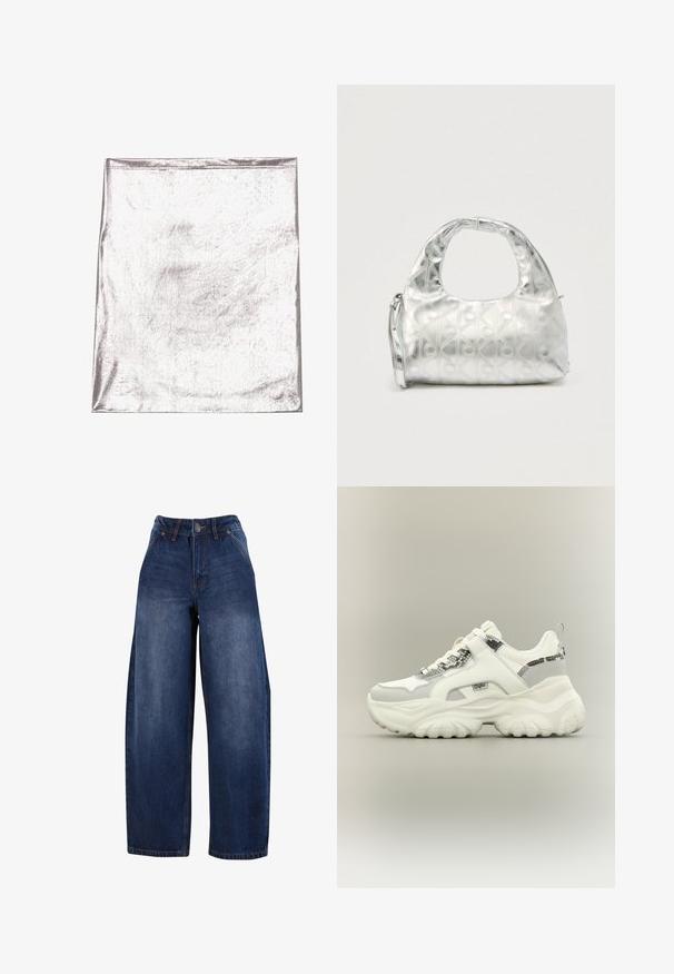 Metallic sølv stof med en glat tekstur og let glans. Rektangulær form, kanter pænt syet, ingen fremtrædende mønstre eller detaljer.; Mørke denim brede ben jeans med høj talje, fem-pockets design og knaplukning. Stoffet har en let falming og glat tekstur.; Hvid chunky sneaker med slangeskinds-mønstrede detaljer, tyk tekstureret sål og velcrolukning over snørebånd på neutral baggrund.; Sølvhåndtaske med et struktureret mønster af geometriske former og cirkler, der har et afrundet håndtag og en aftagelig rem.