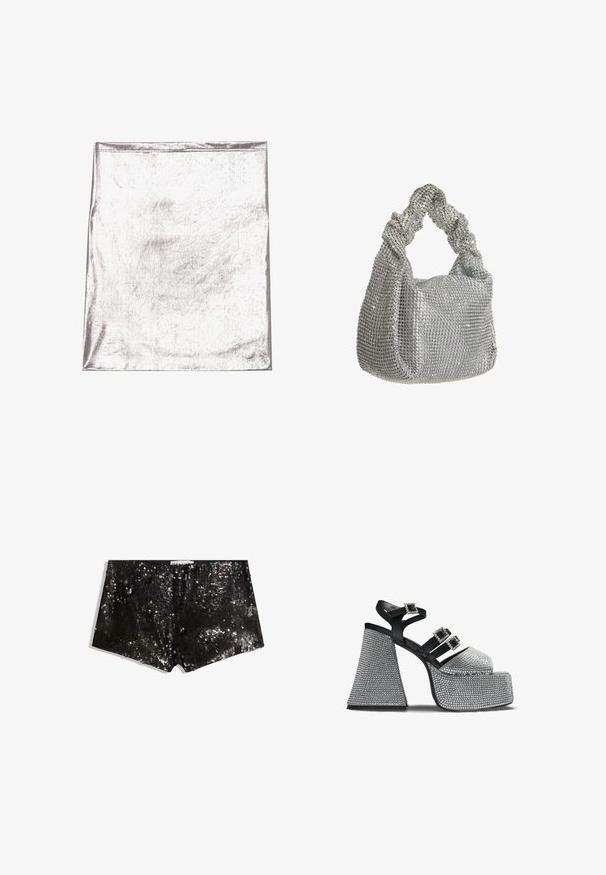 Metallic sølv stof med en glat tekstur og let glans. Rektangulær form, kanter pænt syet, ingen fremtrædende mønstre eller detaljer.; Sorte pailletshorts med en tætsiddende design. Har glitrende pailletter, glat tekstur og en taljeelastik for en sikker pasform.; Sort og sølv platform sandal med tre rhinstenbesatte spænderemmen og en bred, tekstureret blokhæl.; Hey Kyla Håndtasker - silber