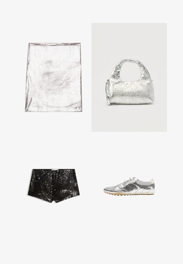 Metaalachtig zilverkleurig stof met een gladde textuur en een lichte glans. Rechthoekige vorm, randen netjes gestikt, geen opvallende patronen of accenten.; Zwarte pailletten shorts met een aansluitend ontwerp. Heeft glinsterende pailletten, een soepele textuur en een tailleband voor een beveiligde pasvorm.; Zilverkleurige metalen lage sneaker met witte veters, een gestructureerde afwerking en een beige rubberen zool met kleine gripjes.; Zilveren handtas met een gestructureerd patroon van geometrische vormen en cirkels, voorzien van een afgeronde handgreep en een afneembare riem.