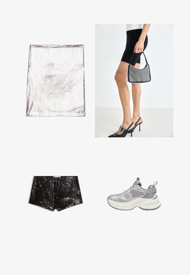 Metallisch silberner Stoff mit glatter Textur und leichtem Schimmer. Rechteckige Form, Kanten ordentlich genäht, keine auffälligen Muster oder Akzente.; Schwarze Pailletten-Shorts mit körperbetontem Design. Enthält schimmernde Pailletten, glatte Textur und einen Bund für einen sicheren Sitz.; Silberne Sportsneaker mit Mesh-Obermaterial, abgerundeter Sohle, strukturierten Details und verstärkten Akzenten für zusätzlichen Halt.; Schwarze Perlen-Handtasche mit geschwungener Silhouette, Tragegriff und glänzender Textur. Kombiniert mit schwarzen High Heels und enganliegenden schwarzen Shorts.