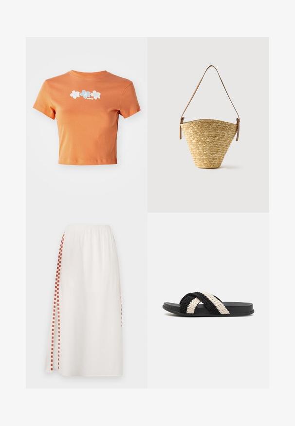 Kraftig orange T-shirt lavet af bomuld med korte ærmer, der prydes af hvide og lyseblå broderede blomster over forsiden.; Hvid nederdel med elastisk talje, prydet med et rødt ternet mønster i den ene side. Letvægtsstof med en glat tekstur.; Sort og creme vævet slide sandal med en flad gummisål, der har to krydsede fletsandaler lavet af blødt, tekstureret materiale.; Flettet stråtaske med bred bund, smal top og justerbar brun læder skulderrem.