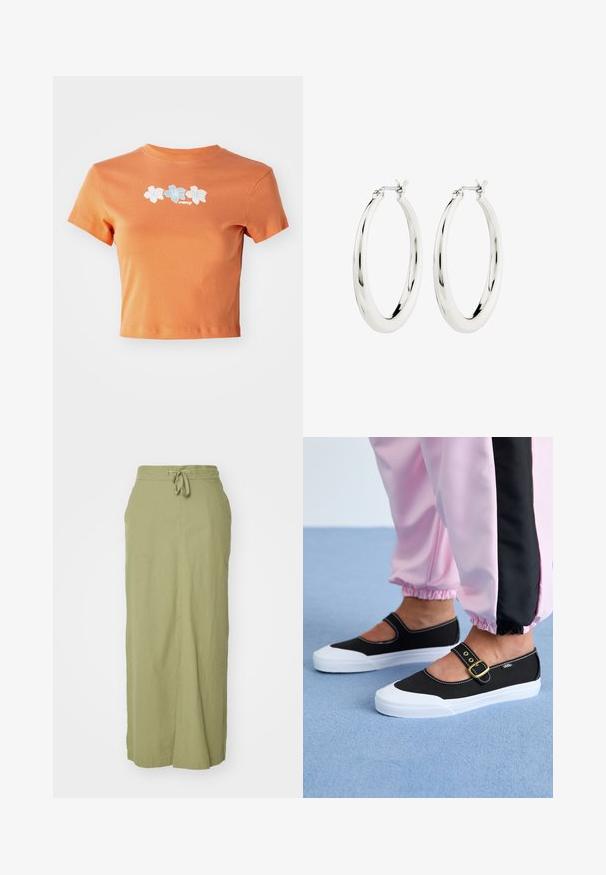 Kurzes oranges T-Shirt aus Baumwolle mit kurzen Ärmeln, verziert mit weißen und hellblauen gestickten Blumen auf der Vorderseite.; Olivgrüßer Leinen-Maxikleid mit Kordelzugbund, geradem Schnitt, seitlichen Taschen und glatter Textur.; Schwarze Leinenschuhe mit einer weißen Sohle, die ein Ausschnittdesign und einen goldenen Schnallenriegel aufweisen. Getragen mit rosa Sporthosen.; Silberne Creolen mit einer glatten, glänzenden Oberfläche. Kreisform, ausgestattet mit einem sicheren Verschluss. Einfaches und elegantes Design.