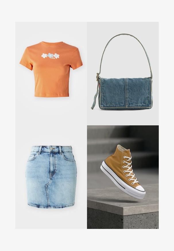 Camiseta naranja recortada de algodón con mangas cortas, que presenta flores bordadas en blanco y azul claro en la parte delantera.; Falda de mezclilla de color azul claro con una forma ajustada, cinco bolsillos, cierre de botón y cremallera, y detalles cosidos a lo largo del dobladillo.; Zapatilla de caña alta en lona color mostaza con cordones blancos, puntera de goma y suela blanca texturizada con rayas negras.; Bolso de hombro de denim con un diseño plegable, color azul claro, costuras visibles, correa ajustable y un acento de etiqueta lateral.