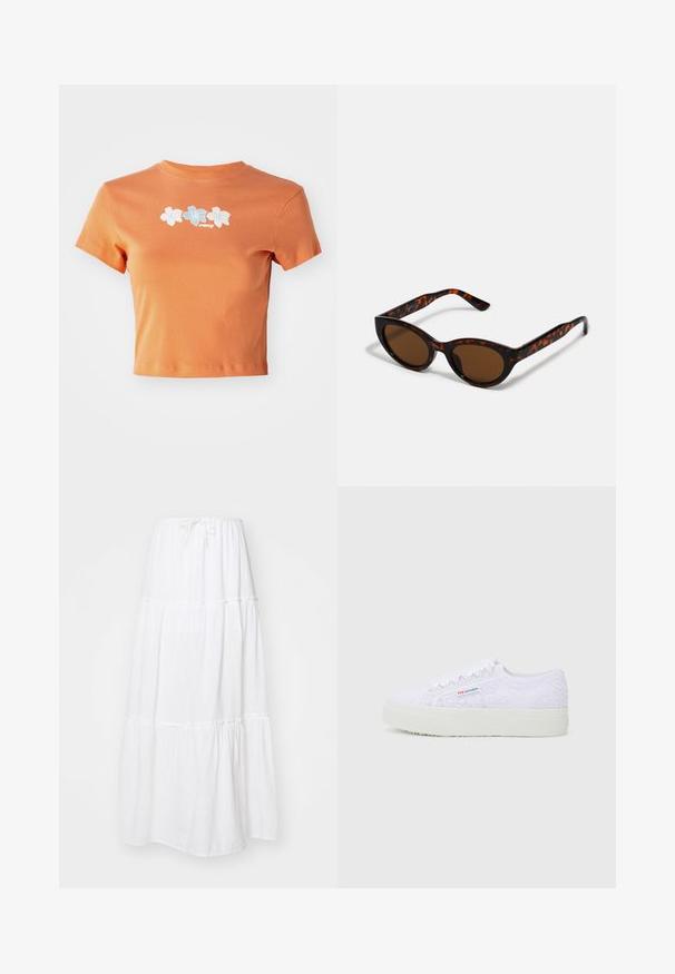 Korte, gecropte oranje t-shirt van katoen met korte mouwen, voorzien van witte en lichtblauwe geborduurde bloemen over de voorkant.; Witte maxi-rok van lichtgewicht stof, met een gelaagd ontwerp en geplooide accenten, en een verstelbare koordtaille.; Witte kant sneakers met een gestructureerde bovenkant, ronde neus en een platte rubberen zool. Heeft een zijkantlogo en een delicaat bloemenpatroon.; Bruine schildpad zonnebril met een vintage cat-eye vorm en bruine lenzen. Heeft gebogen armen met rode accenten.