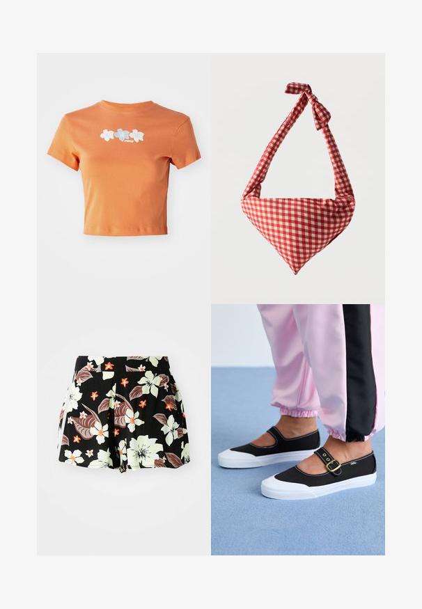 Korte, gecropte oranje t-shirt van katoen met korte mouwen, voorzien van witte en lichtblauwe geborduurde bloemen over de voorkant.; Zwarte bloemenkorte broek met grote lichtgroene en oranje bloemen en donkere bladeren, geplooid ontwerp, met zijzakken.; Zwarte canvas schoenen met een witte zool, met een uitgesneden ontwerp en een gouden gespband. Draagt met roze joggingsbroek.; Zachte stoffen schoudertas met rood-wit geruit patroon, geknoopte handgreep en driehoekige vorm tegen een effen achtergrond.