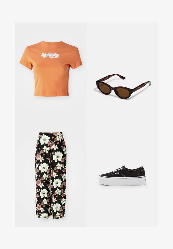 Kraftig orange T-shirt lavet af bomuld med korte ærmer, der prydes af hvide og lyseblå broderede blomster over forsiden.; Sorte blomstrede bukser med store hvide, orange og brune blomster, med et løst, bredt ben-design og blødt, letvægtsstof.; Sort lærred sneakers med en hvid gummi platform sål, der har hvide snørebånd og syninger, ikonisk branding på siden, lav-top design.; Brune skildpadde solbriller med en vintage katteøje-form og brune linser. Har buede arme med røde detaljer.