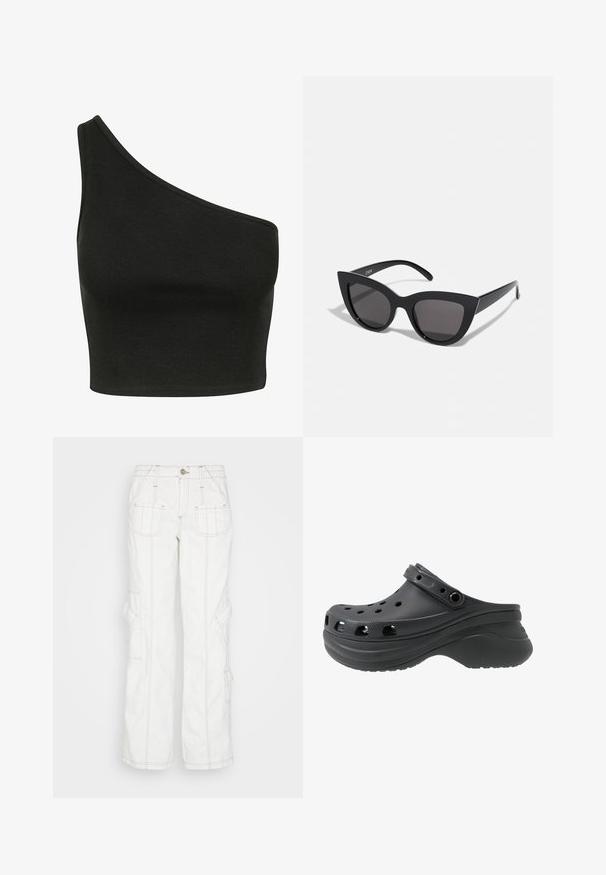 Schwarzes, geripptes Cropped Top mit asymmetrischem Ein-Schulter-Design. Der Stoff wirkt weich mit einer glatten Textur und hat eine taillierte Silhouette.; BDG Urban Outfitters Jeans Relaxed Fit - white; Schwarze Clogs mit perforierten Seitenlöchern aus leichtem Kunststoffmaterial. Mit einem Fersenriemen und einer strukturierten Sohle.; Schwarze Cat-Eye-Sonnenbrille mit matter Oberfläche, grauen getönten Gläsern, scharfen Kanten und schlanken Bügeln. Der Markenname ist auf dem inneren Bügel sichtbar.