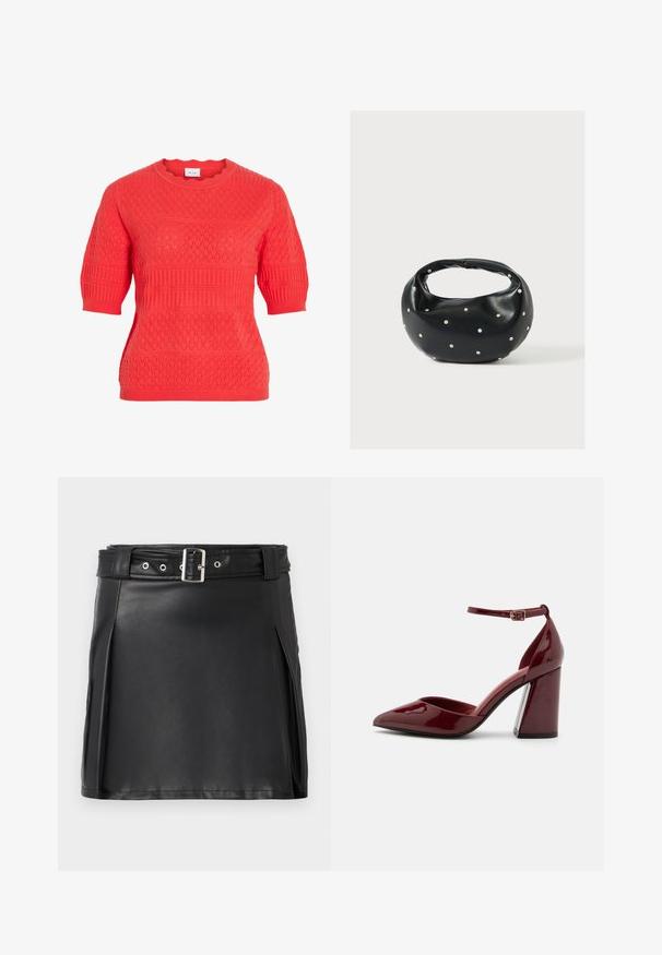 Pull en maille rouge corail à manches courtes avec motifs losanges et côtes, col rond.; Jupe mini en faux cuir noir avec un design ajusté, des plis latéraux et une ceinture avec une boucle argentée et des œillets. Texture lisse, taille haute.; Escarpin en cuir verni bordeaux à talon haut, avec un bout pointu, une bride de cheville et un talon épais. Texture lisse et design élégant.; Sac à main en cuir noir de forme arrondie, décoré de clous argentés et équipé d'une poignée courte. Texture lisse et fermeture éclair.