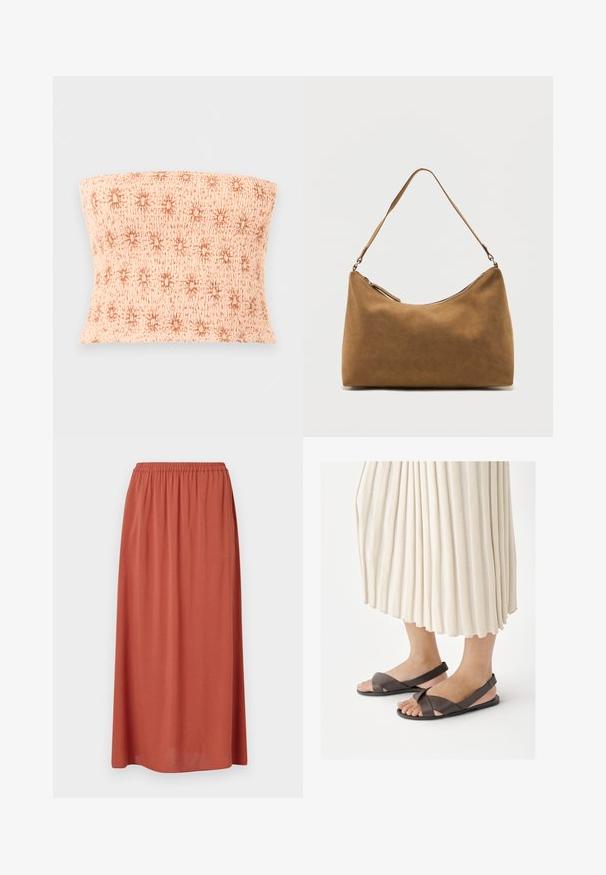 Behåfri, rynket beige tube-top med et brunt stjernemønster over hele på en ensfarvet lys grå baggrund.; Rustrød, midilång nederdel med elastisk talje og blød, draperet stof for komfort. Ingen synlige mønstre eller detaljer.; Fødder iført mørkebrune slingback-sandaler med krydsremme, kombineret med et langt kremfarvet plisseret skørt.; Brun skuldertaske i ruskind med enkelt rem og lynlås øverst, vist mod en ensfarvet hvid baggrund.