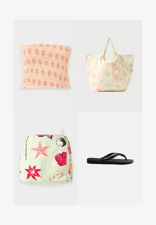 Haut bandeau beige froncé avec un motif général d'étoiles brunes, sur un fond gris clair uni.; Jupe portefeuille vert clair avec lien sur le côté, ornée d’imprimés d’étoiles de mer roses, de fleurs d’hibiscus rouges, de plumerias blancs et du symbole yin-yang.; Tongs en caoutchouc noir avec semelle texturée et bride en Y lisse sur un fond clair uni.; Sac fourre-tout réutilisable beige clair avec des dessins colorés sur le thème de la mer et de la nourriture, comprenant un crabe, des coquillages, une fraise, une tranche de citron et des rubans.