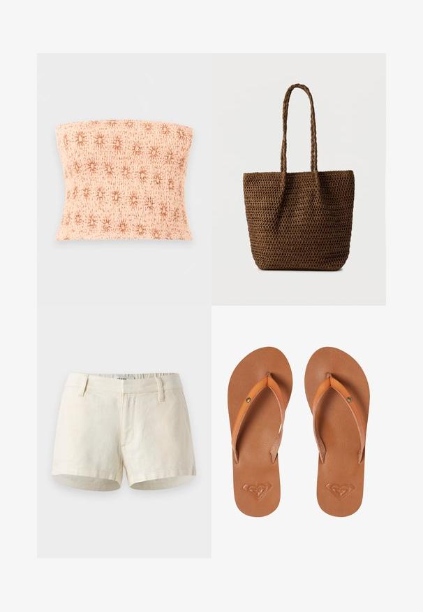 Behåfri, rynket beige tube-top med et brunt stjernemønster over hele på en ensfarvet lys grå baggrund.; Lys beige shorts lavet af linned. Har en flad talje, frontlommer og en ren kant. Simpelt, minimalistisk design.; Brune syntetiske klipklapper med orange stropper, tekstureret overflade og præget hjerte-logo detalje på sålen.; Brun flettet mulepose med to flettede håndtag, rektangulær krop og åben top, sat op mod en ensfarvet lys baggrund.