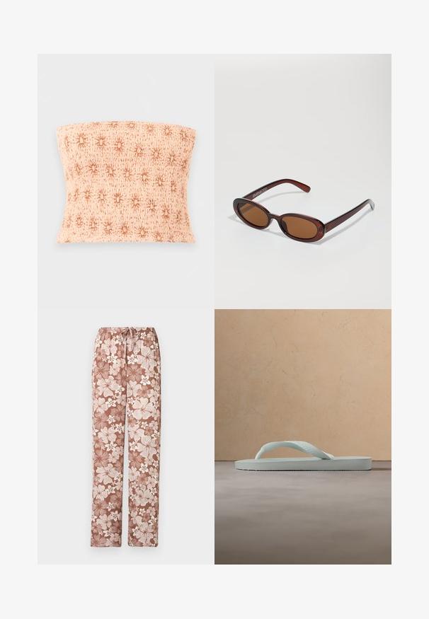 Haut bandeau beige froncé avec un motif général d'étoiles brunes, sur un fond gris clair uni.; Pantalon marron à cordon avec un grand motif floral blanc et marron clair, coupe droite, présenté sur un fond blanc.; Tongue en caoutchouc beige clair unique avec semelle texturée et bride en forme de Y sur un fond gris uni.; Lunettes de soleil rondes teinte brun avec une monture bordeaux brillante. Branches fines avec un détail de marque subtil. Design de verres plats.
