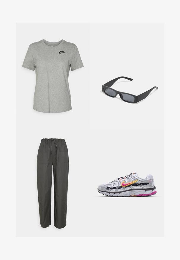 Camiseta de algodón gris con mangas cortas, cuello redondo y un logo negro de Nike en la parte superior izquierda del pecho. Textura suave y diseño casual.; Nicki Studios WIDE LEG POCKET PANTS - Pantalones - dark grey; Zapatilla de running de malla gris con un distintivo swoosh en rosa y amarillo, acentos negros y una suela de goma texturizada. Cuenta con una puntera reforzada y un collar acolchado.; Gafas de sol negras rectangulares con lentes oscuros y montura gruesa mate. Las varillas son ligeramente cónicas con una textura suave.