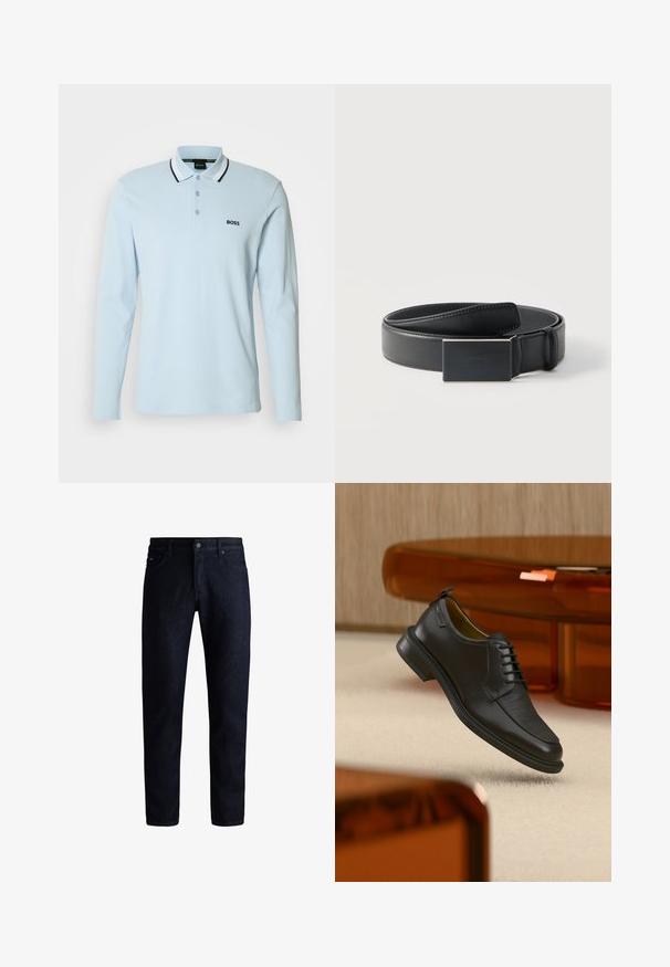 Polo manches longues bleu clair avec une patte de boutonnage, un col rayé noir et blanc contrastant, et un logo brodé "BOSS" sur la poitrine.; Jeans en denim bleu foncé avec un design classique à cinq poches, coupe droite et une texture subtile. Fermeture à bouton en métal à la taille.; Chaussure habillée noire en cuir à lacets avec devant texturé, flottant au-dessus d'un tapis beige dans une pièce moderne avec des meubles teintés d'ambre.; Ceinture en cuir noir enroulée avec une boucle noire mate rectangulaire et un logo embossé discret sur fond blanc.