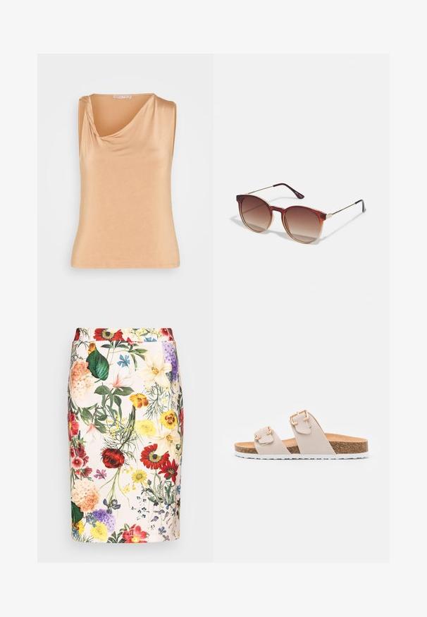Anna Field by Zalando Débardeur - light brown; Jupe crayon florale ornée d'un mélange de fleurs colorées sur un fond clair, en tissu doux, de longueur mi-mollet et avec une silhouette ajustée.; Sandales à glissière beige avec deux sangles réglables et boucles en ton doré. Semelle en liège avec une semelle extérieure en caoutchouc blanc texturé.; Lunettes de soleil rondes avec des verres dégradés marron, une monture en acétate écaille de tortue, et des accents en métal doré sur le pont et les branches.