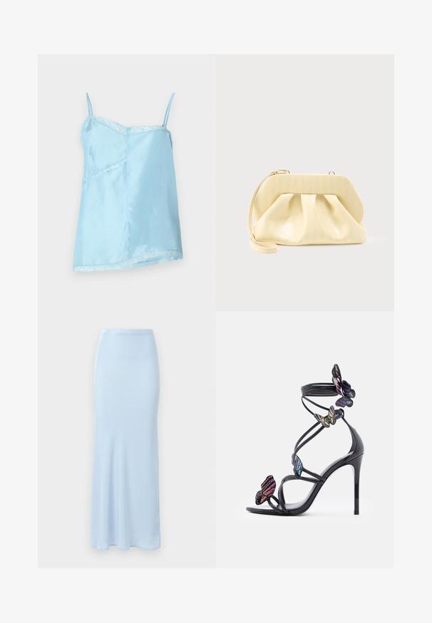 Lys blå satin camisole med spaghetti stropper, der har blondekant langs halsudskæringen og kanten, samt en afslappet A-linje silhuet.; Lyseblå, gulvlængde satin nederdel med en tætsiddende talje og en let flair i bunden på en hvid baggrund.; Sort højhælet sandal med tynde remme og dekorative flerfarvede sommerfugledetaljer langs remmene og ankelomviklingen.; Clutch-taske i cremefarvet læder med en struktureret topramme og håndledsrem, vist mod en enkel lys baggrund.