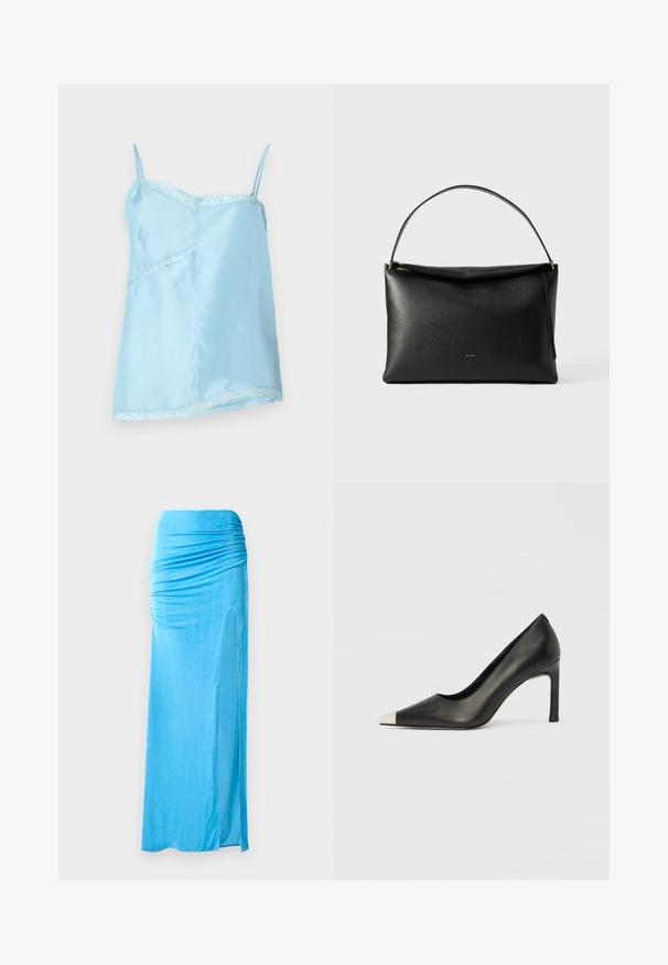 Lys blå satin camisole med spaghetti stropper, der har blondekant langs halsudskæringen og kanten, samt en afslappet A-linje silhuet.; Blå velour maxi meget med sammensyninger ved taljen, med en sideslids og glat tekstur for en flydende silhuet.; Sort læder højhælet sko med spids tå og metal-sølv hætte. Har en glat finish og en slank hæl på 10 cm.; Sort læderhåndtaske med en glat tekstur, et buet håndtag og en lynlåsdetaile i guldton. Minimalistisk design med et diskret logo.