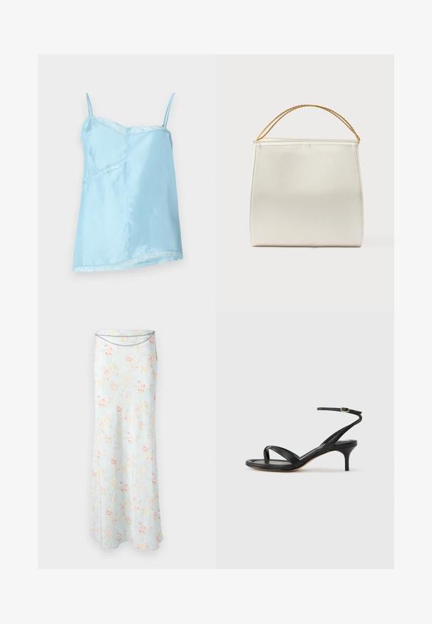 Lys blå satin camisole med spaghetti stropper, der har blondekant langs halsudskæringen og kanten, samt en afslappet A-linje silhuet.; Rabanne Maxinederdele - pink/blue/green/yellow; Sort damesandal i læder med tynde remme, en tå-loop, ankelspænde og en mellemhøj stiletthæl på en neutral baggrund.; Struktureret taske i satinfinish, cremefarvet, med en kæde til skulderrem. Har en flad, glat tekstur og rene syninger.