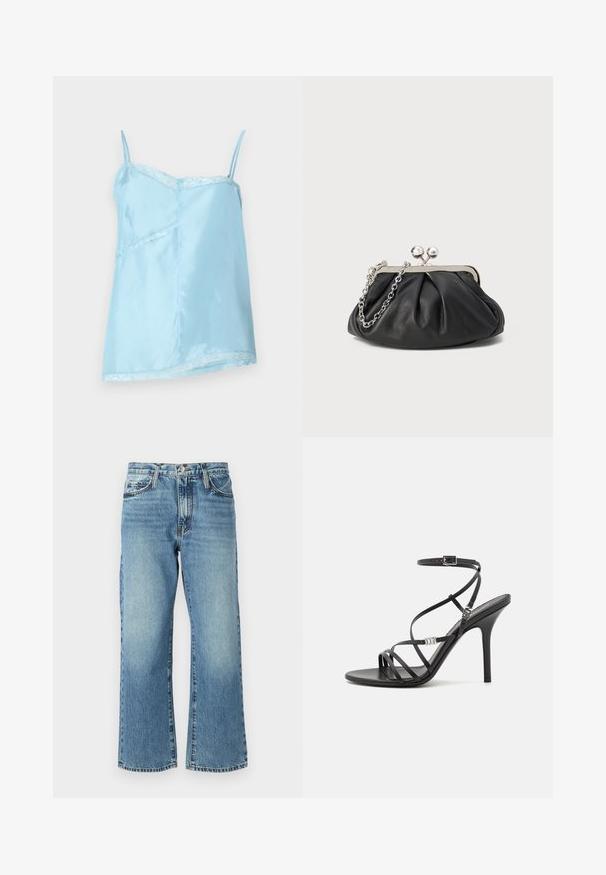 Lys blå satin camisole med spaghetti stropper, der har blondekant langs halsudskæringen og kanten, samt en afslappet A-linje silhuet.; Lysblå denimjeans med vid buksedesign, fem lommer og knaplukning. Stoffet har en subtil blegning og en klassisk tekstur.; Sort højhælet sandal med tynde stropper, en ankelspænde, en glat læderoverflade og en slank stilethæl.; Sort læder clutch med samlet tekstur, sølvfarvet metalramme, kys-lås lukning og kædestrop. Glat, blød overflade.