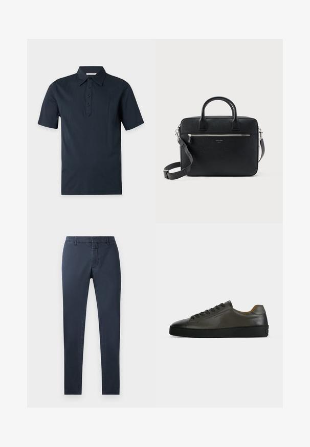 Zwart poloshirt met korte mouwen, kraag en vier knopen op de knoopsluiting, getoond op een egale lichte achtergrond.; Marineblauwe broek met een slim fit, gemaakt van een katoenen mengsel. Voorzien van een standaard tailleband, een voorkeursrits en zijzakken.; Donkergrijze leren lage sneaker met zwarte veters en zool, minimalistisch ontwerp, zijaanzicht op een effen lichte achtergrond.; Zwart gestructureerde rechthoekige leren aktetas met dubbele handvatten, voorvak met rits en verstelbare schouderriem, weergegeven op witte achtergrond.