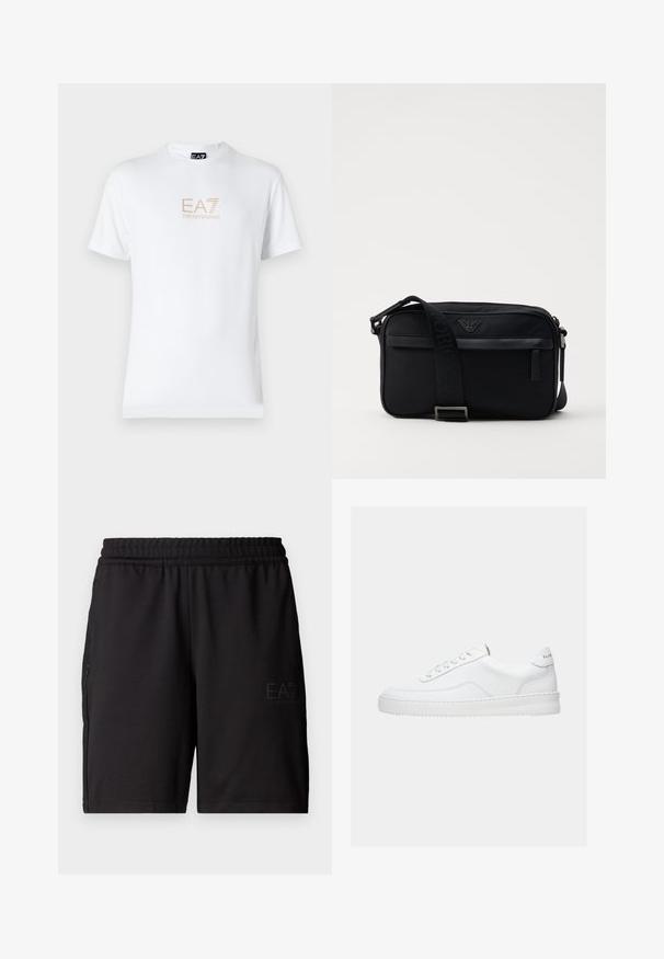Witte katoenen t-shirt met een ronde halslijn en korte mouwen, voorzien van een gouden EA7 Emporio Armani-logo op de voorkant.; Zwarte sportshorts van lichtgewicht stof, met een elastische tailleband en zijpanelen van mesh. Merklogo gedrukt op de voorkant.; Witte lage sneaker met vetersluiting, glad leren bovenwerk en dikke zool, gezien vanuit de zijkant tegen een effen achtergrond.; Zwarte nylon schoudertas met een contrasterende schouderband, een slank rechthoekig ontwerp, een logo-detail en een ritszak aan de voorkant.