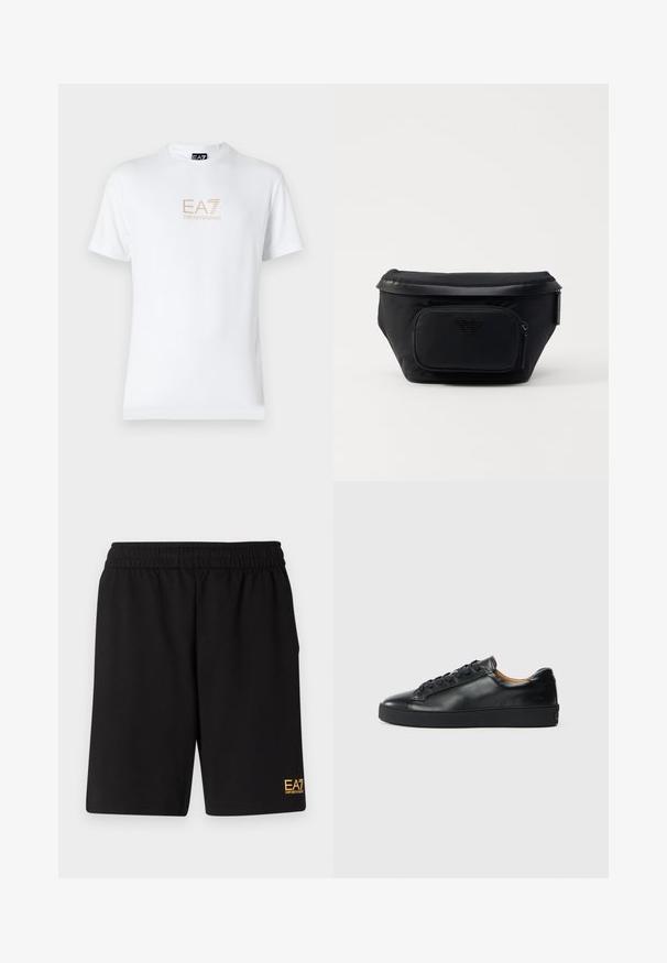Weißes Baumwoll-T-Shirt mit Rundhalsausschnitt und kurzen Ärmeln, mit einem goldenen EA7 Emporio Armani-Logo auf der Vorderseite.; Schwarze Sportshorts aus weichem Material, mit einem elastischen Bund und einem kleinen gelben EA7-Logo am unteren linken Bein.; Schwarze Leder-Sneaker mit glatter Textur, runder Zehenpartie und Schnürverschluss. Verfügt über eine dicke Gummisohle und minimalistische Marken-Details.; Schwarze Nylon-Tasche mit einer vorderen Reißverschlusstasche, ausgestattet mit einer glatten Textur und einem Logo-Akzent. Strukturierte Design mit einem umklappbaren oberen Teil.